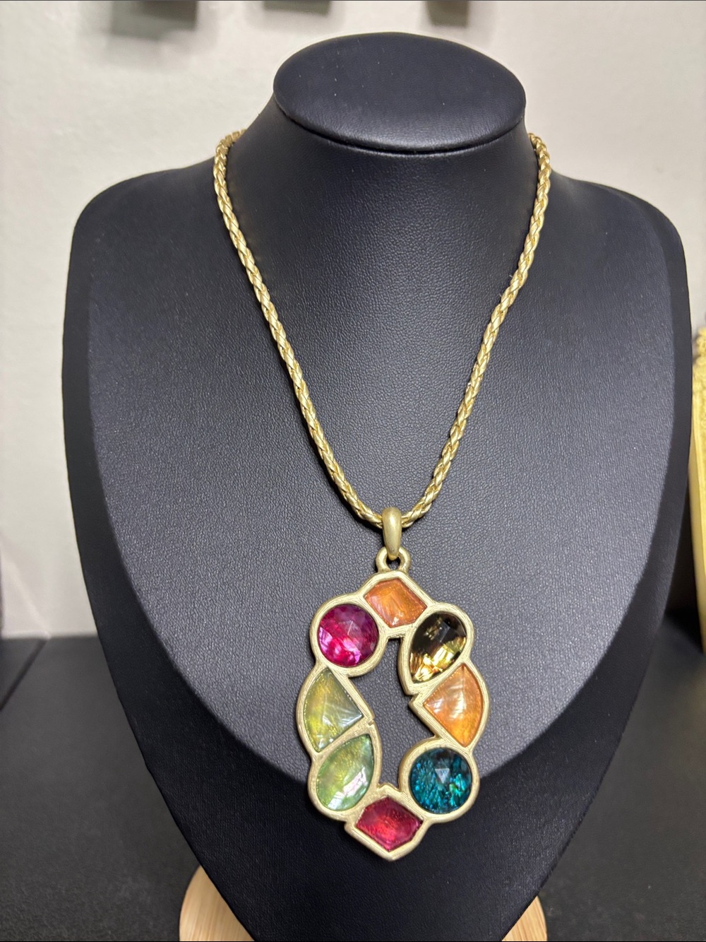 KC Gold Multicolor Gemstone Pendant Leather Braided Necklace - Women Jewelry